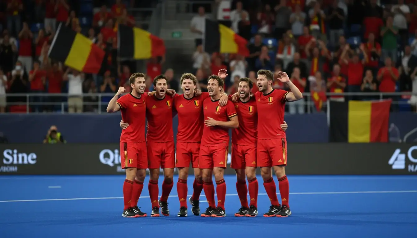 De Belgische Red Lions vieren een overwinning op het hockeyveld
