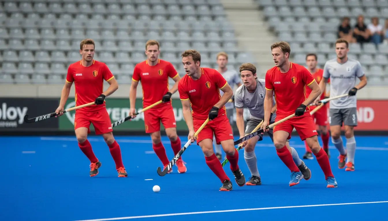 Belgische hockeyspelers in actie tijdens een internationale wedstrijd