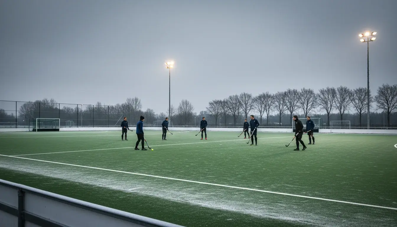 Hockeyveld in de wintermaanden met koude weersomstandigheden