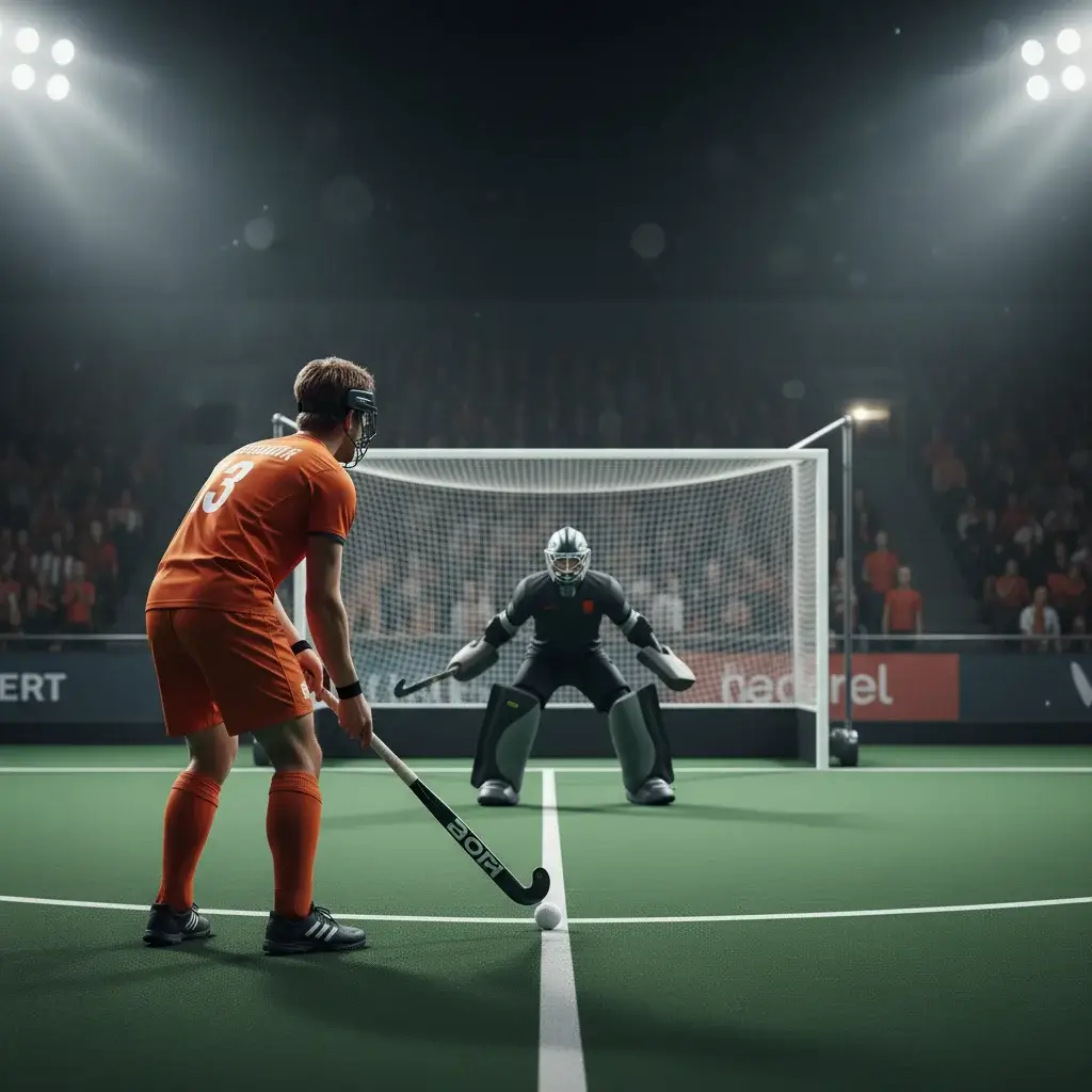 Hockeyspeler klaar voor een shoot-out met keeper in het doel