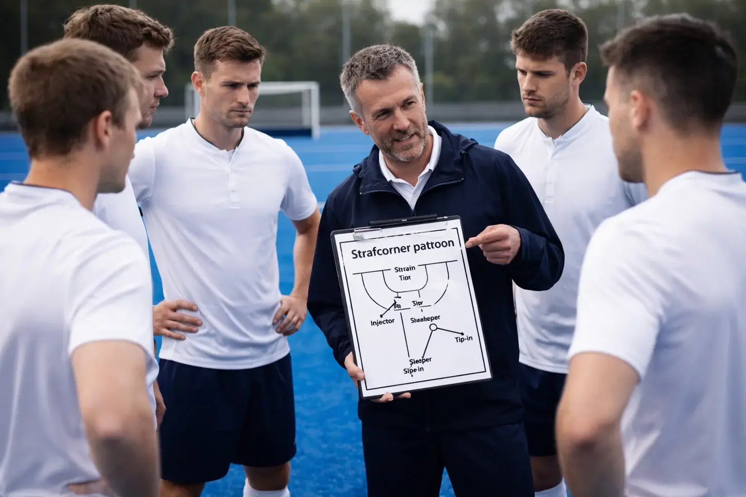 Hockeycoach bespreekt tactiek met spelers aan de zijlijn