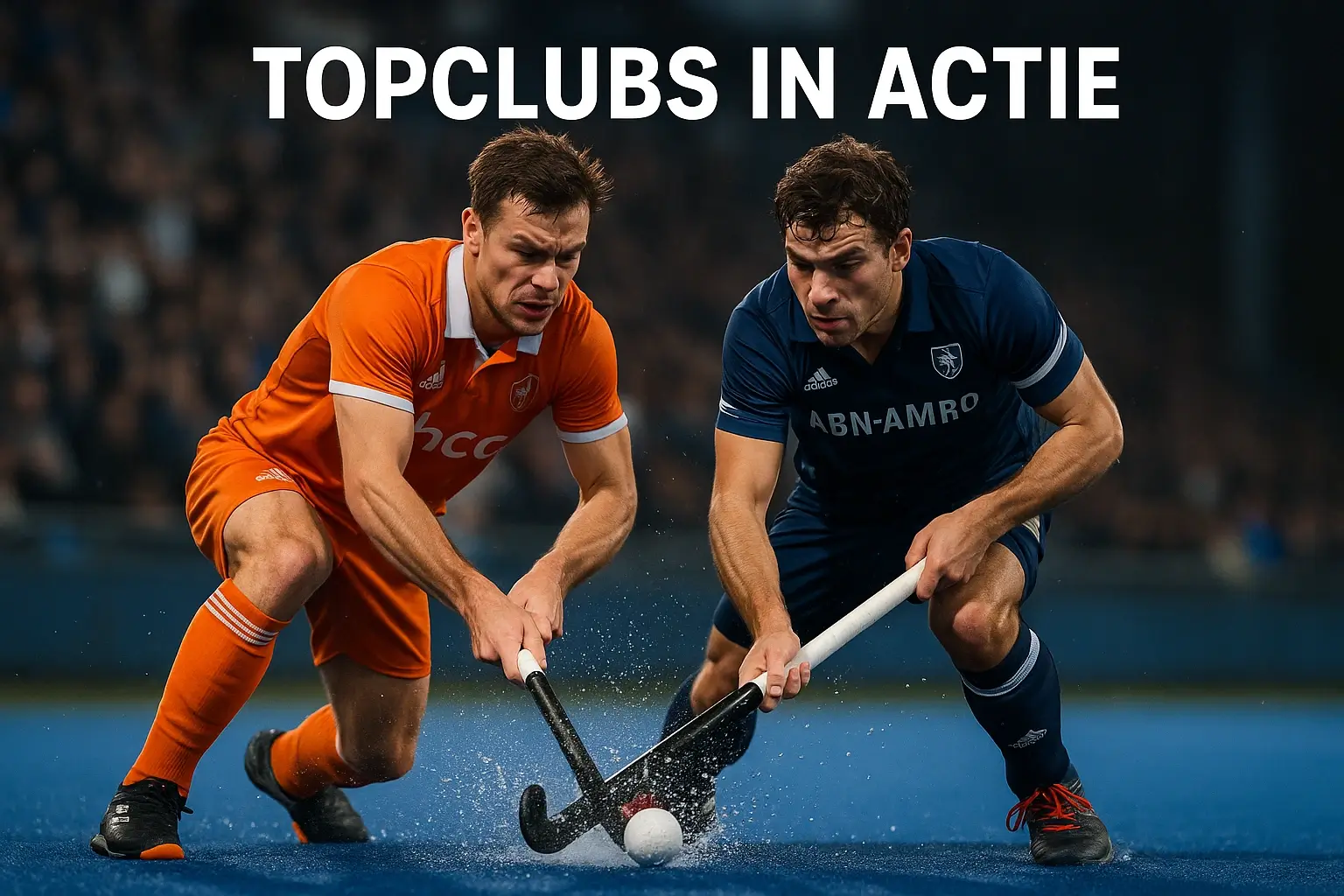 Twee hockeyspelers in een intens duel om de bal tijdens een Hoofdklasse wedstrijd