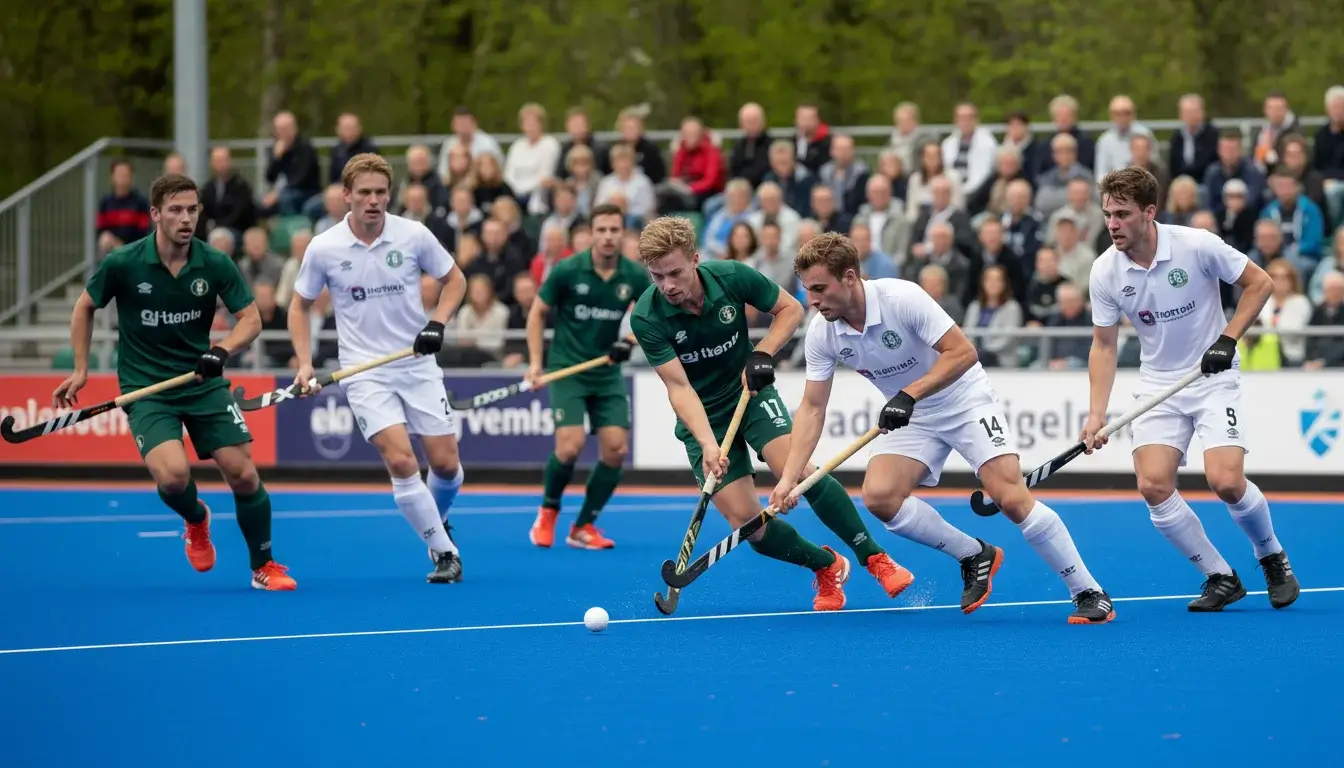 Hockeyspelers van een middenmoter club in actie tijdens een Hoofdklasse wedstrijd