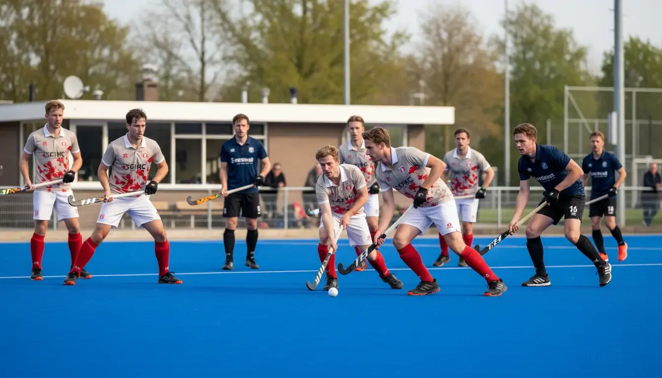 SCHC hockeyspelers tijdens een competitiewedstrijd op hun thuisveld