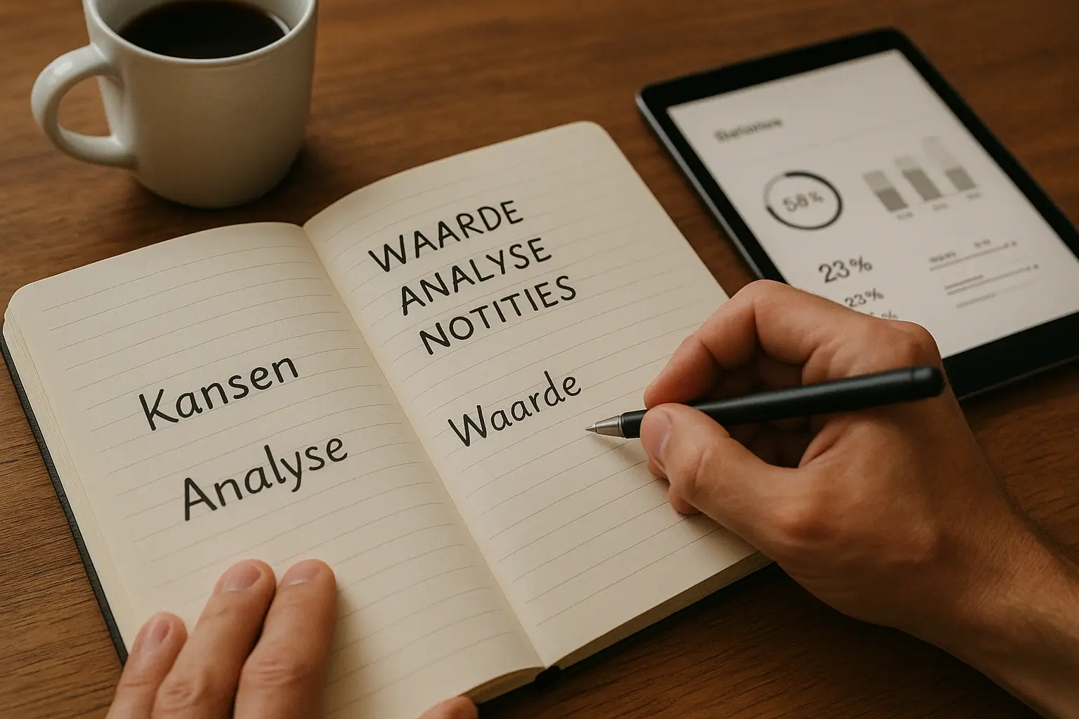 Close-up van handen die analyse notities maken in notitieboek met tablet ernaast
