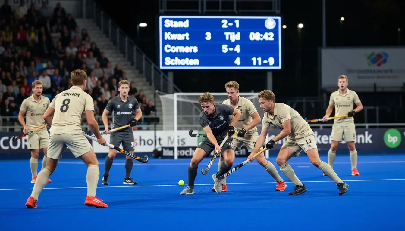 Hockeywedstrijd in actie met scorebord op de achtergrond