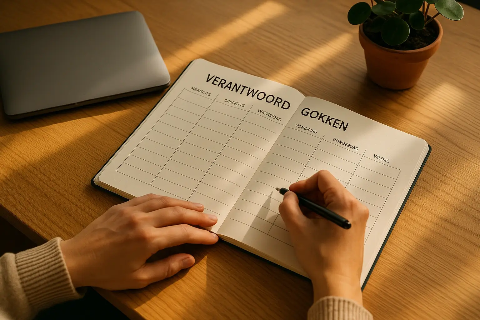 Handen schrijven in planner notitieboek met pen op houten bureau met laptop en plant