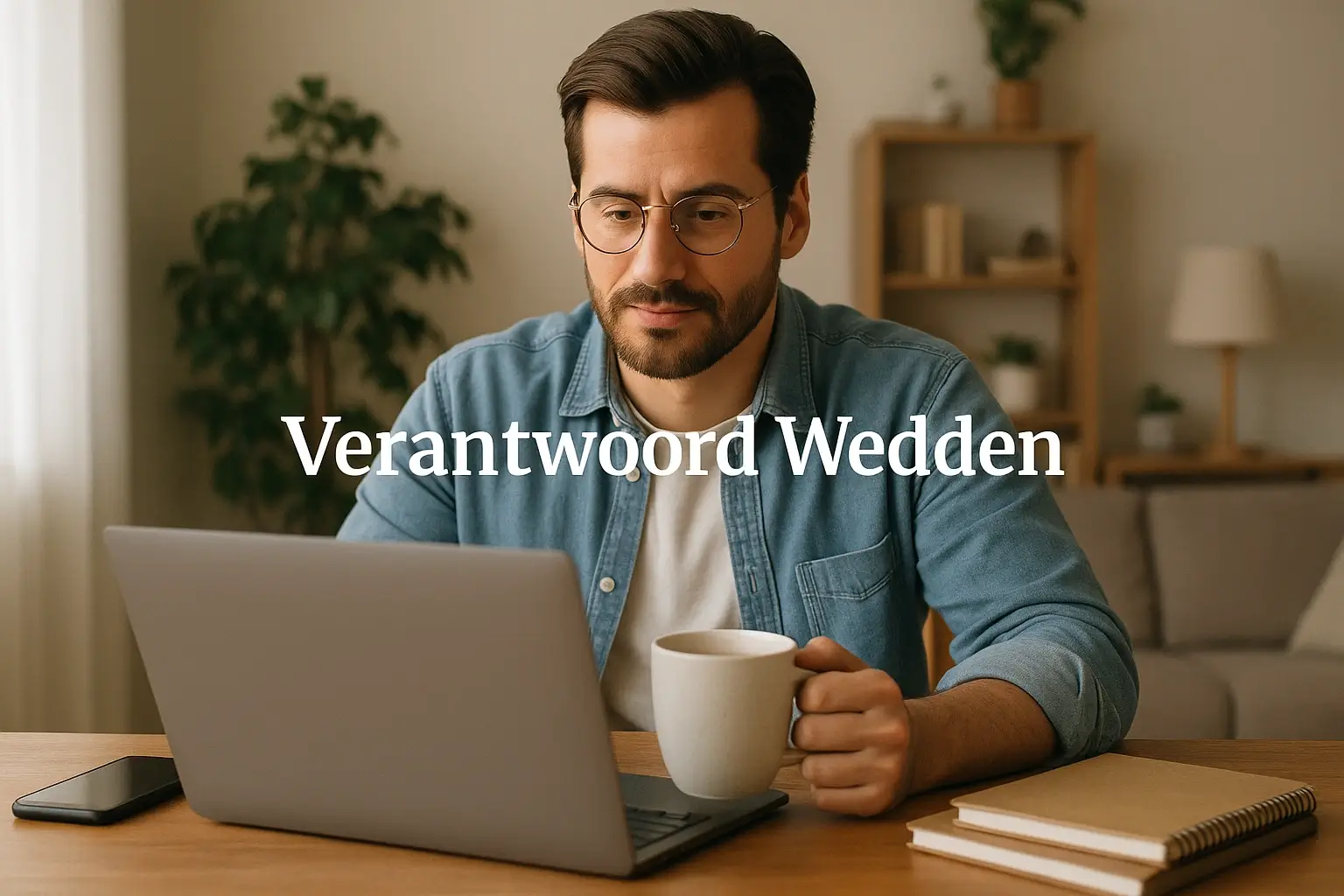 Ontspannen persoon met koffie die rustig naar laptop kijkt in een vredige thuisomgeving