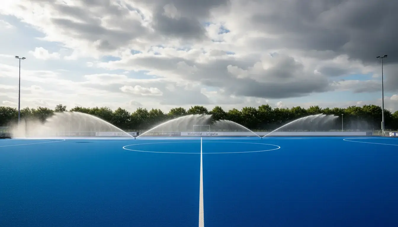 Hockeyveld met wisselende weersomstandigheden en besproeiingssysteem