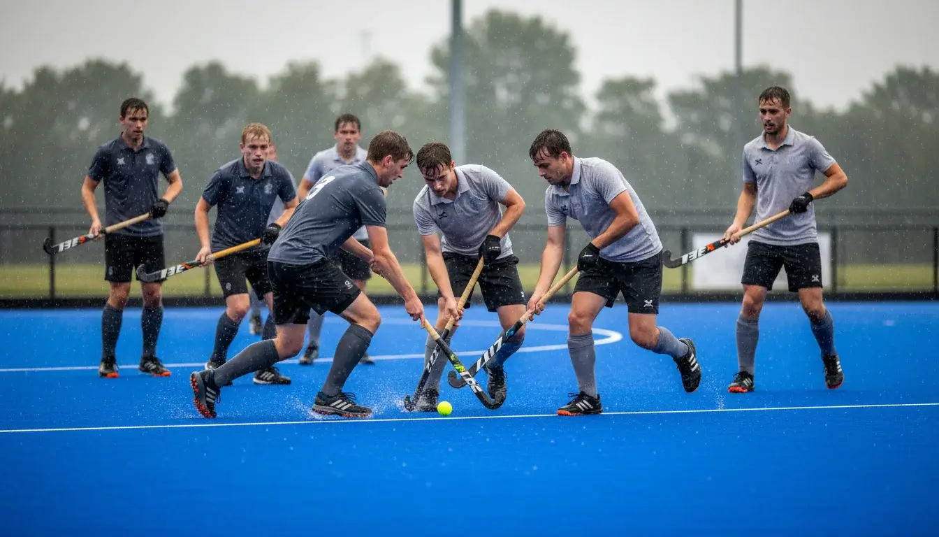 Hockeywedstrijd tijdens regenachtige omstandigheden op een nat kunstgrasveld