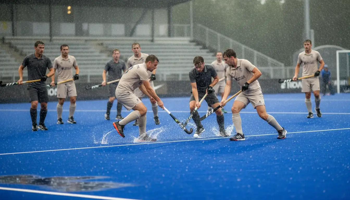 Hockeyspelers spelen door tijdens een regenbui op het kunstgrasveld