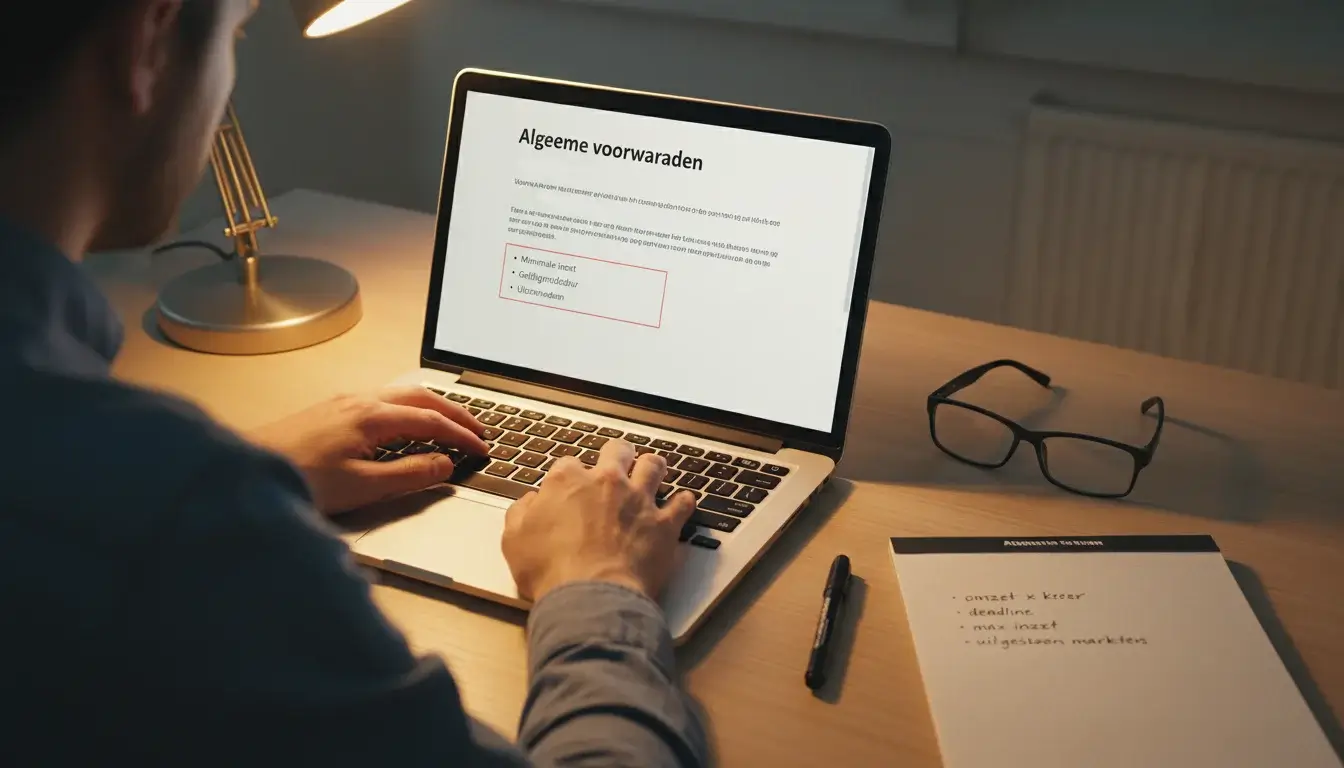 Persoon die de bonusvoorwaarden doorleest op een laptop