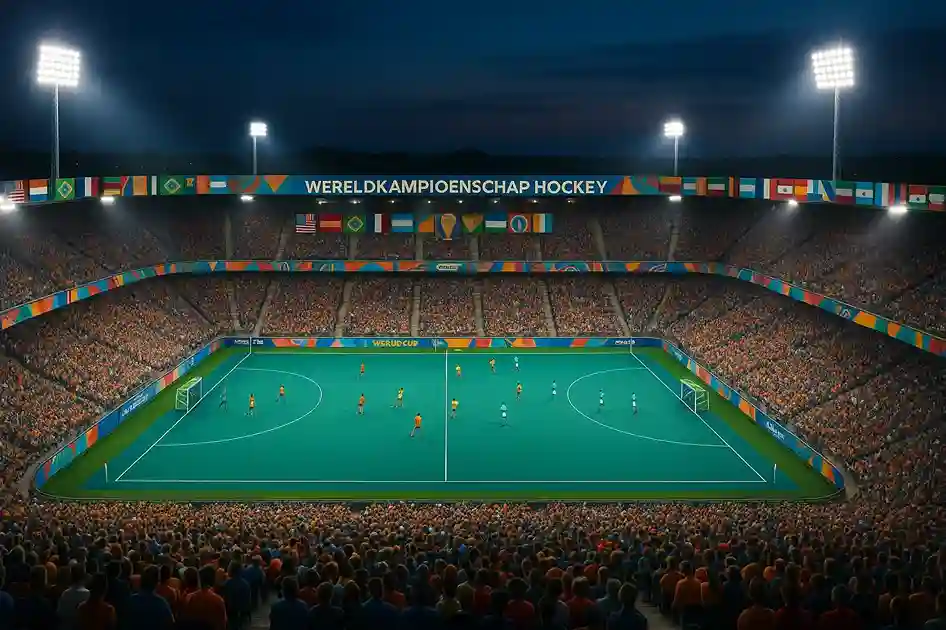 Wereldkampioenschap hockey arena met internationale teams en vlaggen uit alle continenten